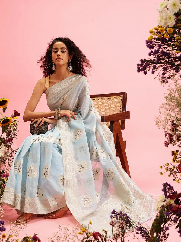 Blue Linen Woven Thread Floral Saree with Unstitched Blouse - Hiral Fashion Boho Chic Blouse Blue Linen Woven Thread Floral Saree with Unstitched Blouse - Hiral Fashion Boho Chic Blouse