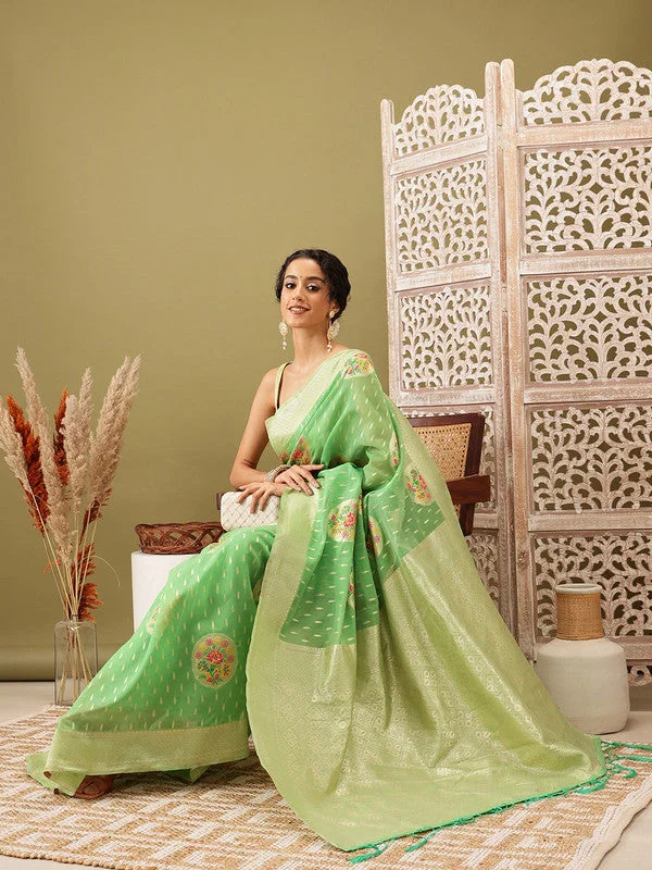 Green Cotton Woven Thread Floral Saree with Unstitched Blouse - Hiral Fashion Puff Sleeve Blouse Green Cotton Woven Thread Floral Saree with Unstitched Blouse - Hiral Fashion Puff Sleeve Blouse