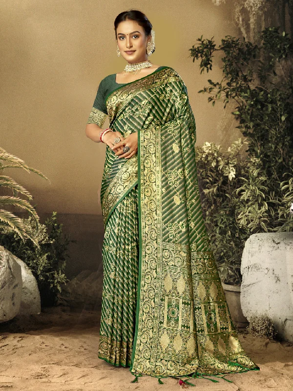 Women Green Satin Silk Saree With Un Stitched Blouse - Aanika Satin Long Blouse