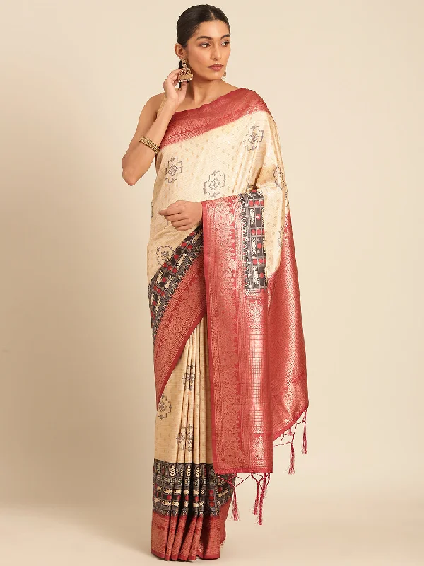 Women Cream Silk Saree With Un Stitched Blouse - Aanika Office Formal Blouse