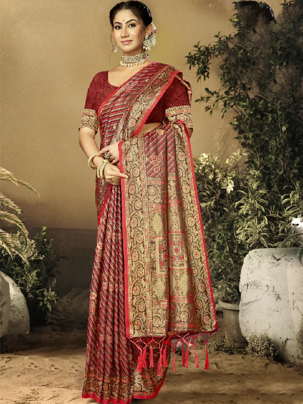 Women Red Satin Silk Saree With Un Stitched Blouse - Aanika Lightweight Chiffon Blouse Women Red Satin Silk Saree With Un Stitched Blouse - Aanika Lightweight Chiffon Blouse