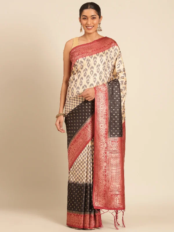 Women Cream Silk Saree With Un Stitched Blouse - Aanika Floral Print Blouse