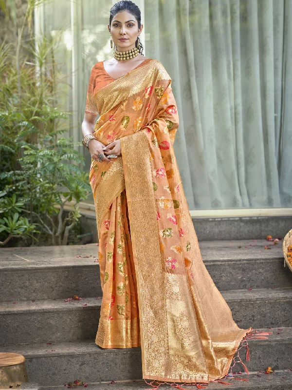 Women Orange Organza Saree With Un Stitched Blouse - Aanika Modern Work Blouse