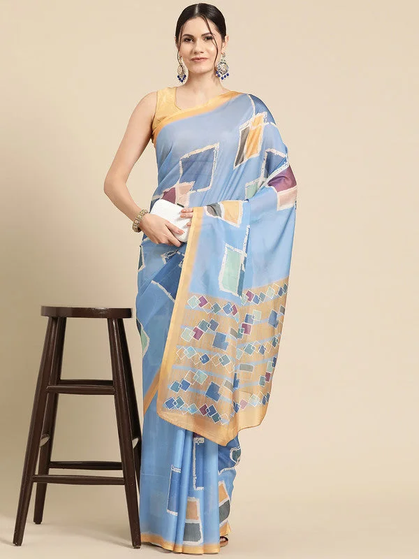 Blue Silk Blend Printed Abstract Saree with Unstitched Blouse - Hiral Fashion Feminine Satin Blouse Blue Silk Blend Printed Abstract Saree with Unstitched Blouse - Hiral Fashion Feminine Satin Blouse