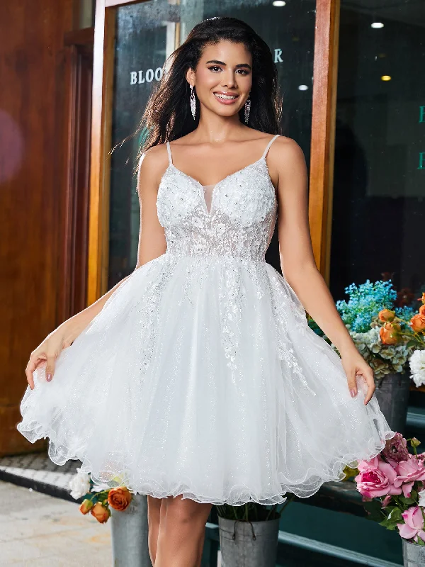 Spaghetti Straps V-neck Applique A-line Tulle Mini Dress White Classic White Mini Dress
