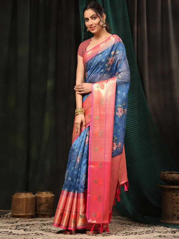 Navy Blue Art Silk Digital Print Floral Saree with Unstitched Blouse - Hiral Fashion Classic Minimalist Blouse Navy Blue Art Silk Digital Print Floral Saree with Unstitched Blouse - Hiral Fashion Classic Minimalist Blouse
