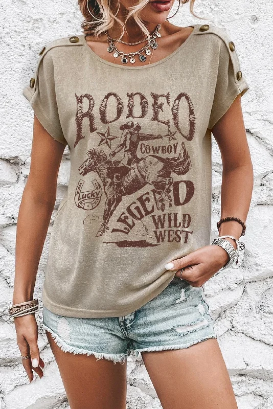 Smoke Gray RODEO Cowboy Graphic Buttoned Batwing Sleeve T Shirt-- Print Jacquard Patchwork Smoke Gray RODEO Cowboy Graphic Buttoned Batwing Sleeve T Shirt-- Print Jacquard Patchwork