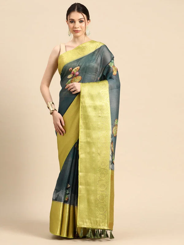 Dark Blue Munga Silk Digital Print Floral Saree with Unstitched Blouse - Hiral Fashion Flowy Bohemian Blouse Dark Blue Munga Silk Digital Print Floral Saree with Unstitched Blouse - Hiral Fashion Flowy Bohemian Blouse
