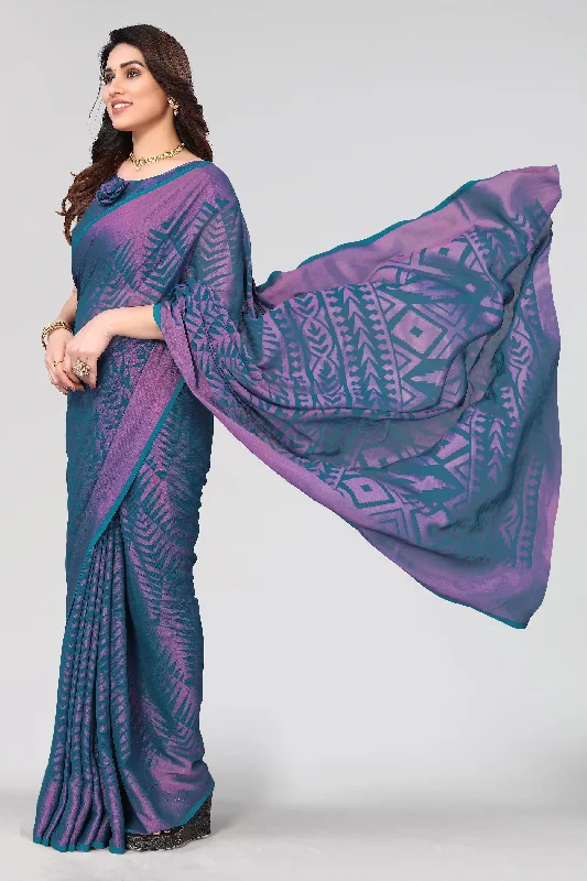 NOZ2TOZ Women Party Wear Printed Brasso Chiffon Saree with Unstitched Blouse - Rama High Neck Blouse NOZ2TOZ Women Party Wear Printed Brasso Chiffon Saree with Unstitched Blouse - Rama High Neck Blouse