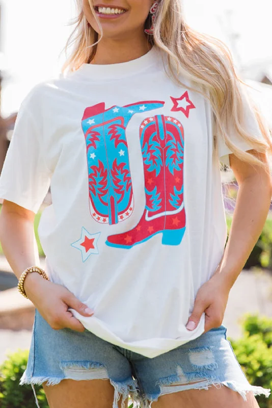 White Cowboy Boots Western Graphic Casual T Shirt-- Mesh Canvas Denim