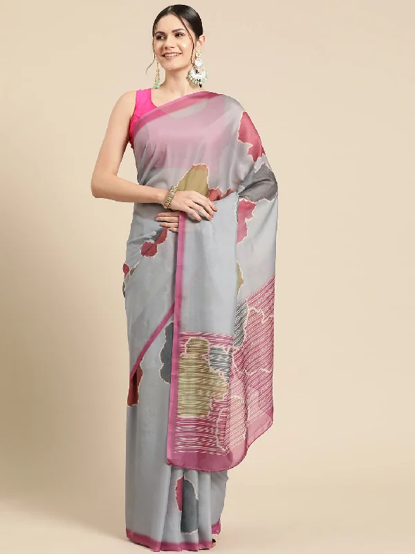 Dark Gray Silk Blend Printed Abstract Saree with Unstitched Blouse - Hiral Fashion Casual Button Blouse Dark Gray Silk Blend Printed Abstract Saree with Unstitched Blouse - Hiral Fashion Casual Button Blouse
