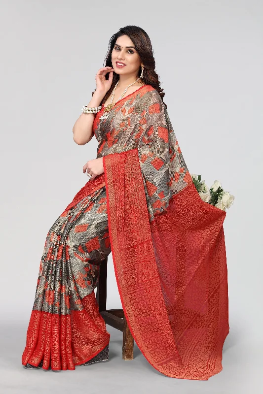 NOZ2TOZ Women Party Wear Printed Brasso Chiffon Saree with Unstitched Blouse - Red Cotton Casual Blouse NOZ2TOZ Women Party Wear Printed Brasso Chiffon Saree with Unstitched Blouse - Red Cotton Casual Blouse