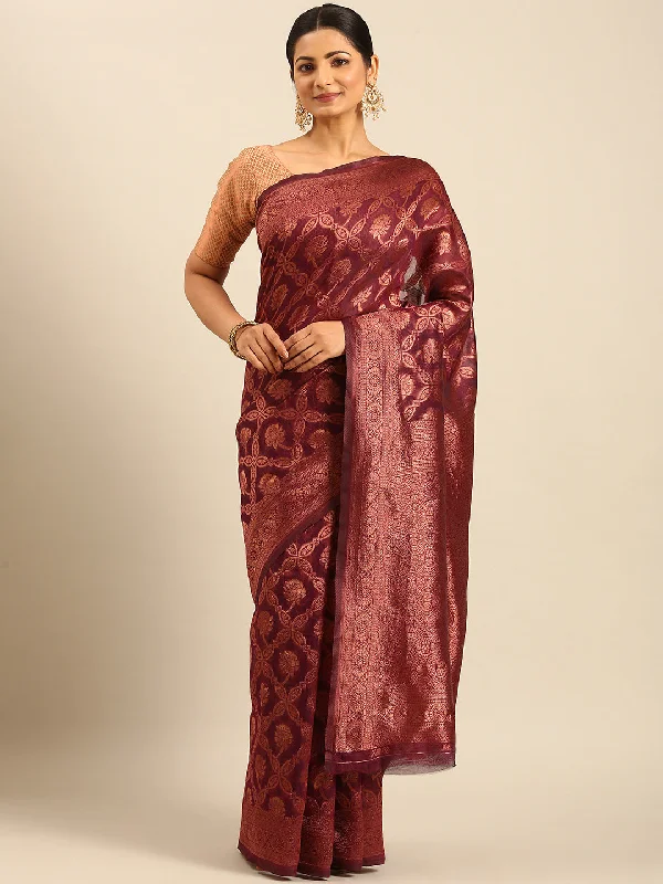 Women Wine Cotton Saree With Un Stitched Blouse - Aanika Chic Wrap Blouse