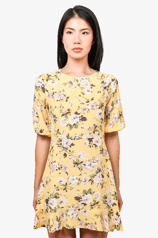Faithfull The Brand Yellow Floral Mini Dress Size XS Chic Bohemian Mini Dress