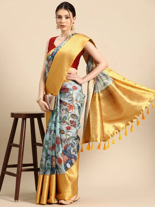 Sky Blue Munga Silk Digital Print Floral Saree with Unstitched Blouse - Hiral Fashion Feminine Ruffle Blouse Sky Blue Munga Silk Digital Print Floral Saree with Unstitched Blouse - Hiral Fashion Feminine Ruffle Blouse