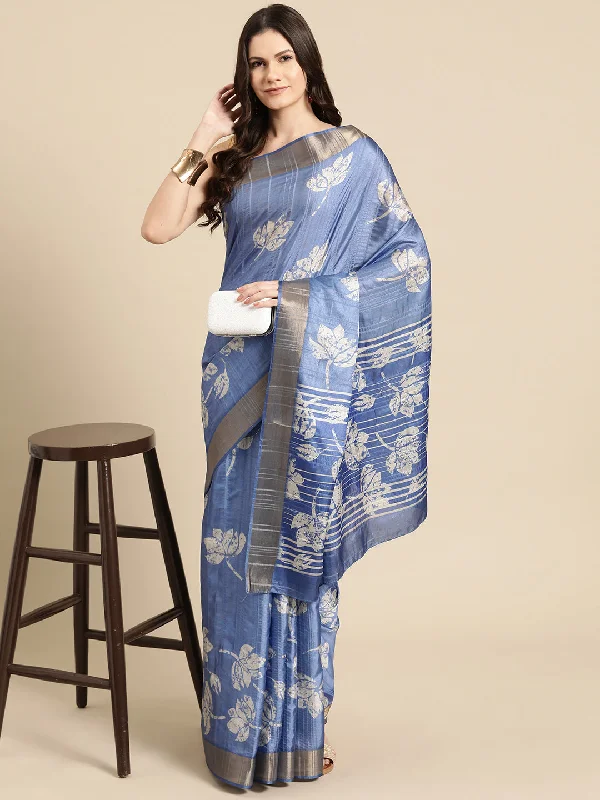 Blue Silk Blend Digital Print Floral Saree with Unstitched Blouse - Hiral Fashion Stylish Wrap Blouse Blue Silk Blend Digital Print Floral Saree with Unstitched Blouse - Hiral Fashion Stylish Wrap Blouse
