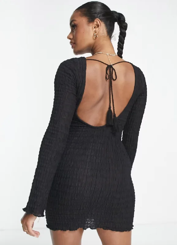 Black texture lycra backless mini dress Elegant Mini Dress with Ruffles