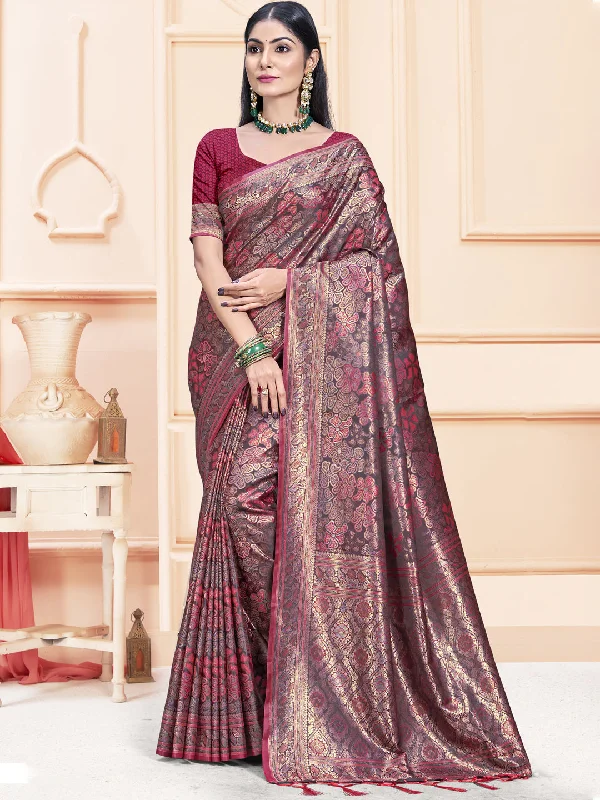 Women Magenta Satin Silk Saree With Un Stitched Blouse - Aanika Elegant Silk Blouse