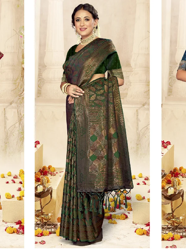 Women Bottle Green Satin Silk Saree With Un Stitched Blouse - Aanika Office Formal Blouse Women Bottle Green Satin Silk Saree With Un Stitched Blouse - Aanika Office Formal Blouse