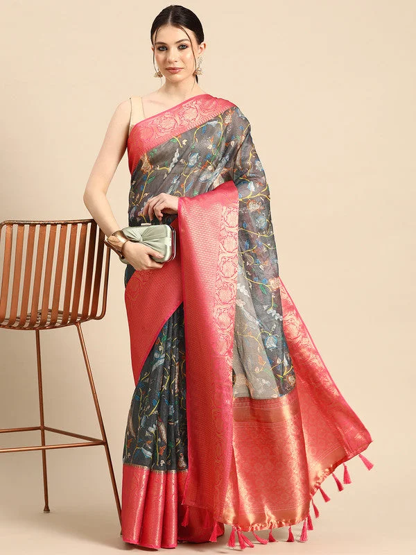 Gray Munga Silk Digital Print Floral Saree with Unstitched Blouse - Hiral Fashion Chic Ruffle Blouse Gray Munga Silk Digital Print Floral Saree with Unstitched Blouse - Hiral Fashion Chic Ruffle Blouse