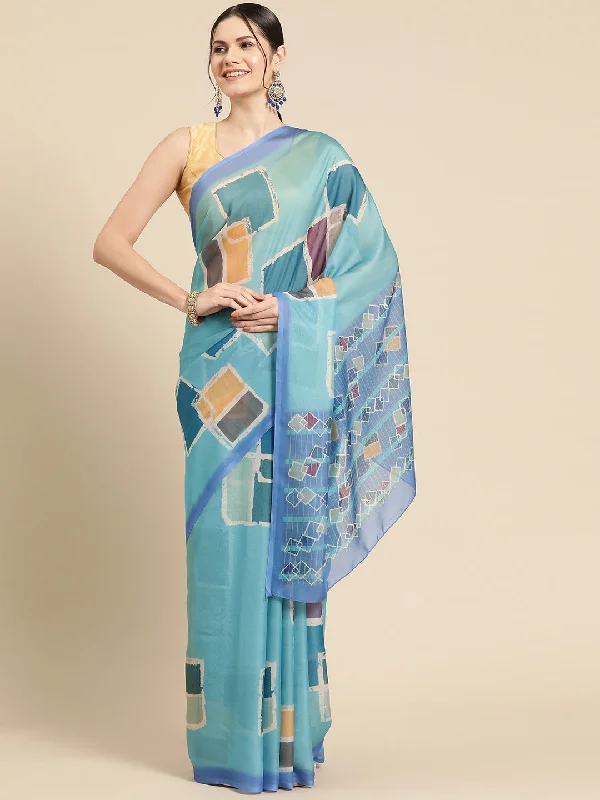 Turquoise Silk Blend Printed Abstract Saree with Unstitched Blouse - Hiral Fashion Drape Neck Blouse Turquoise Silk Blend Printed Abstract Saree with Unstitched Blouse - Hiral Fashion Drape Neck Blouse