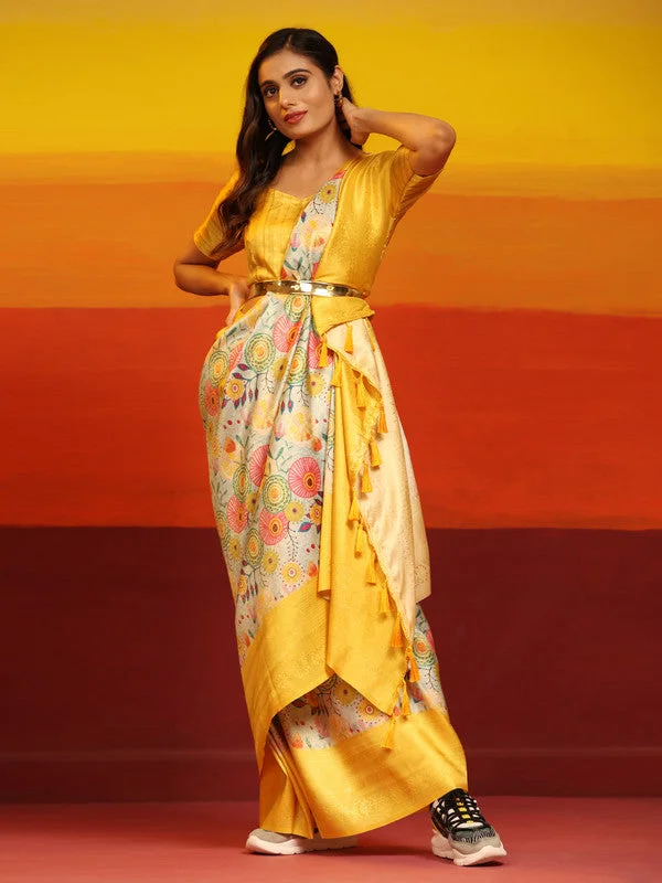 Yellow Silk Blend Woven Zari Design Floral Saree with Unstitched Blouse - Hiral Fashion Side Tie Blouse Yellow Silk Blend Woven Zari Design Floral Saree with Unstitched Blouse - Hiral Fashion Side Tie Blouse