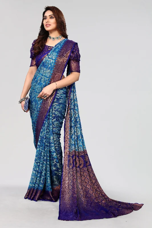 NOZ2TOZ Women Party Wear Printed Brasso Chiffon Saree with Unstitched Blouse - Firozi Pastel Color Blouse NOZ2TOZ Women Party Wear Printed Brasso Chiffon Saree with Unstitched Blouse - Firozi Pastel Color Blouse