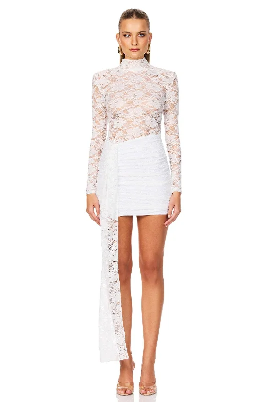 Nookie Lene Lace LS Mini Dress - White Cozy Knit Mini Dress