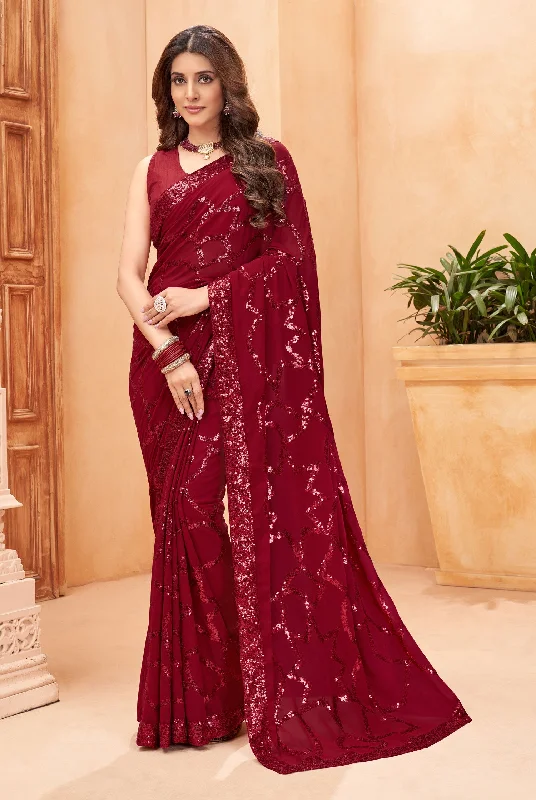 Jyoti Fashion Women's Maroon Faux Blooming Sequins Work Designer Saree with Blouse Embroidered Cotton Blouse Jyoti Fashion Women's Maroon Faux Blooming Sequins Work Designer Saree with Blouse Embroidered Cotton Blouse
