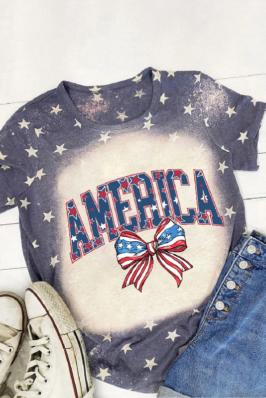 Blue Starry Bleached AMERICA Bowknot Graphic T Shirt-- Iron Safe Non-Iron Wrinkle Free