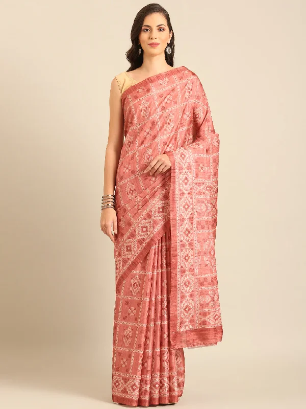 Women Peach Cotton Saree With Un Stitched Blouse - Aanika Balloon Sleeve Blouse
