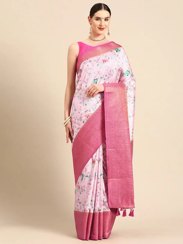 Pink Pure Silk Digital Print Floral Saree with Unstitched Blouse - Hiral Fashion Elegant Lace Blouse Pink Pure Silk Digital Print Floral Saree with Unstitched Blouse - Hiral Fashion Elegant Lace Blouse