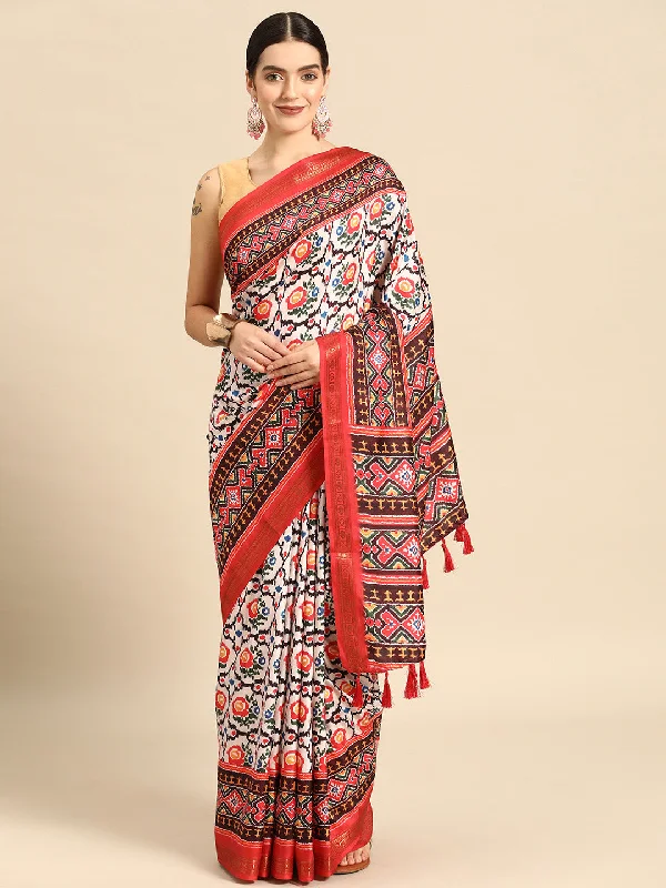 White Silk Blend Digital Print Patola Saree with Unstitched Blouse - Hiral Fashion Lightweight Tunic Blouse White Silk Blend Digital Print Patola Saree with Unstitched Blouse - Hiral Fashion Lightweight Tunic Blouse