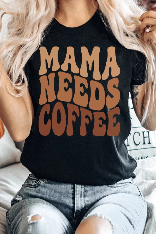 Black MAMA NEEDS COFFEE Graphic T Shirt-- Seamless Knitted Crochet