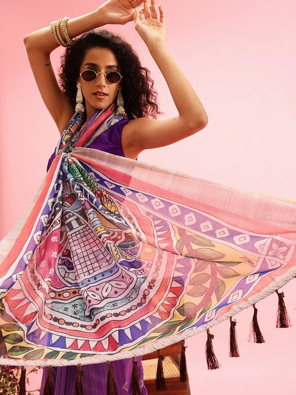 Purple Cotton Blend Printed Madhubani Saree with Unstitched Blouse - Hiral Fashion Elegant Office Blouse Purple Cotton Blend Printed Madhubani Saree with Unstitched Blouse - Hiral Fashion Elegant Office Blouse