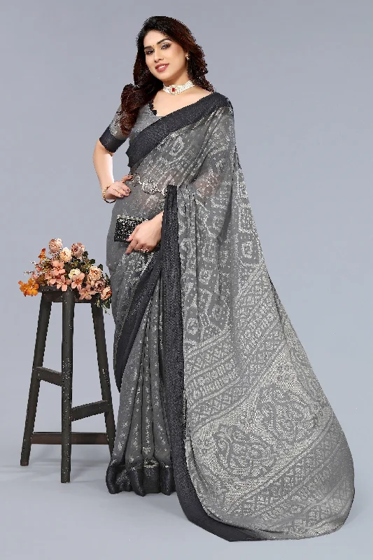 NOZ2TOZ Women Party Wear Printed Brasso Chiffon Saree with Unstitched Blouse - Grey Loose Fit Blouse NOZ2TOZ Women Party Wear Printed Brasso Chiffon Saree with Unstitched Blouse - Grey Loose Fit Blouse
