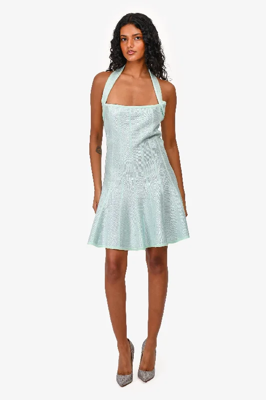 Balmain Light Blue Knit Halter Neck Mini Dress Size 40 Comfortable Wrap Mini Dress