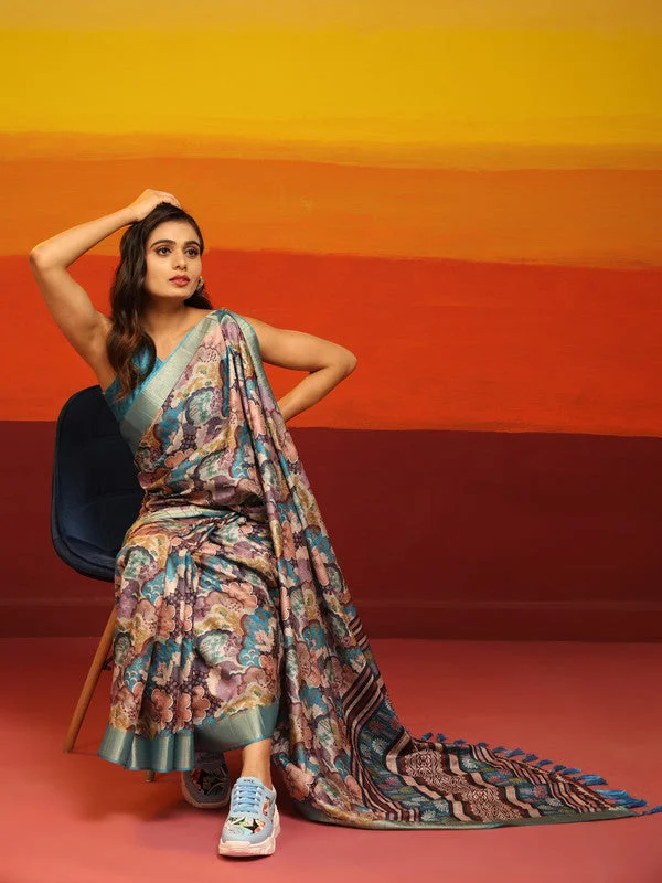 Turquoise Silk Blend Woven Zari Design Floral Saree with Unstitched Blouse - Hiral Fashion Office-Ready Blouse Turquoise Silk Blend Woven Zari Design Floral Saree with Unstitched Blouse - Hiral Fashion Office-Ready Blouse