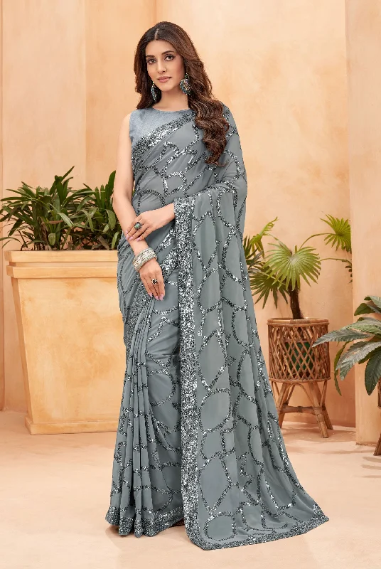 Jyoti Fashion Women's Grey Faux Blooming Sequins Work Designer Saree with Blouse Collared Satin Blouse Jyoti Fashion Women's Grey Faux Blooming Sequins Work Designer Saree with Blouse Collared Satin Blouse
