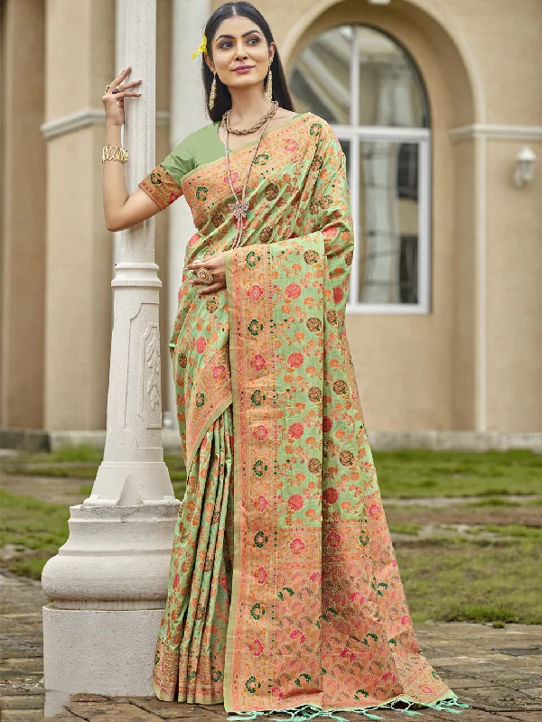 Women Light Green Silk Saree With Un Stitched Blouse - Aanika Lightweight Tunic Blouse