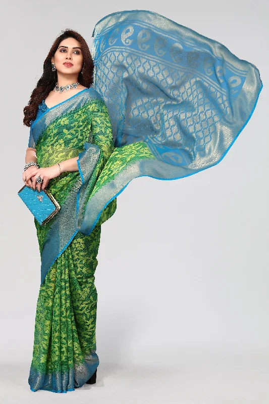 NOZ2TOZ Women Party Wear Printed Brasso Chiffon Saree with Unstitched Blouse - Parrot Green Slim Fit Blouse NOZ2TOZ Women Party Wear Printed Brasso Chiffon Saree with Unstitched Blouse - Parrot Green Slim Fit Blouse