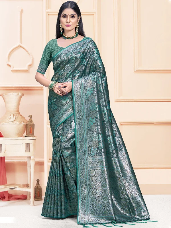 Women Rama Satin Silk Saree With Un Stitched Blouse - Aanika Stretchy Fitted Blouse