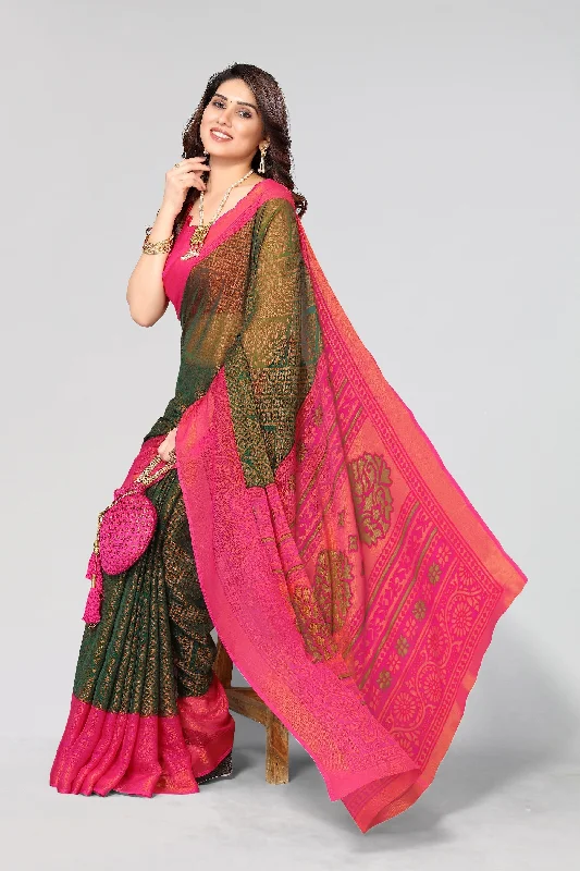NOZ2TOZ Women Party Wear Printed Brasso Chiffon Saree with Unstitched Blouse - Bottle Green Feminine Puff Blouse NOZ2TOZ Women Party Wear Printed Brasso Chiffon Saree with Unstitched Blouse - Bottle Green Feminine Puff Blouse