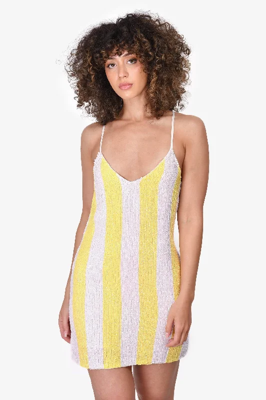 Retrofete Yellow & White Striped Sequin Tank Mini Dress Size S Stylish Short Sleeve Mini Dress Retrofete Yellow & White Striped Sequin Tank Mini Dress Size S Stylish Short Sleeve Mini Dress