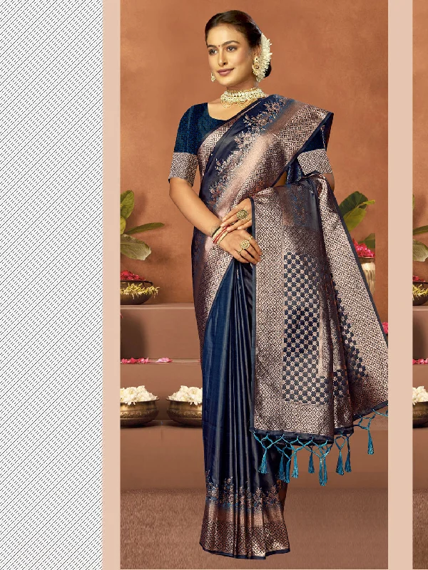 Women Blue Satin Silk Saree With Un Stitched Blouse - Aanika Chic Ruffle Blouse