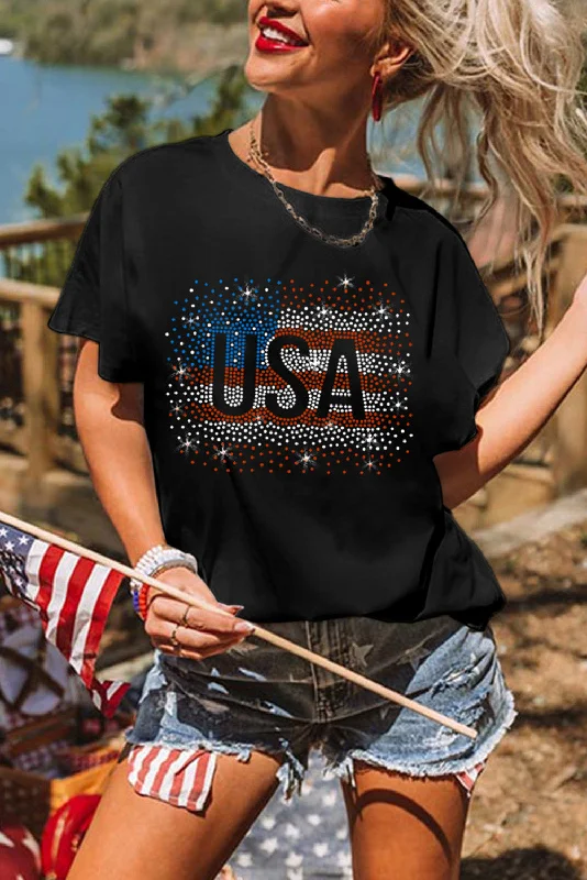 Black Rhinestone America Flag USA Graphic T Shirt-- Graphic T-Shirt Round Neck Polyester Black Rhinestone America Flag USA Graphic T Shirt-- Graphic T-Shirt Round Neck Polyester