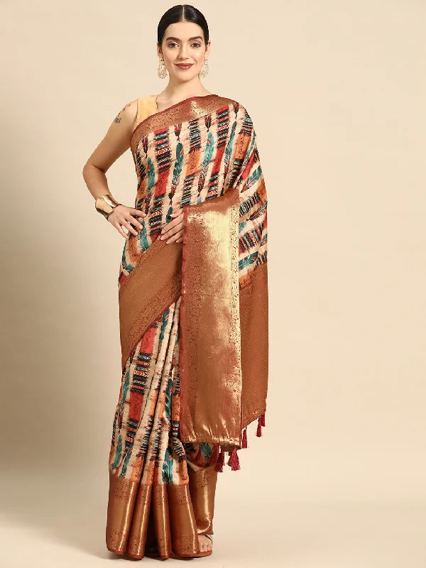 Beige Kanchipuram Silk Digital Print Abstract Saree with Unstitched Blouse - Hiral Fashion Semi-Sheer Blouse Beige Kanchipuram Silk Digital Print Abstract Saree with Unstitched Blouse - Hiral Fashion Semi-Sheer Blouse