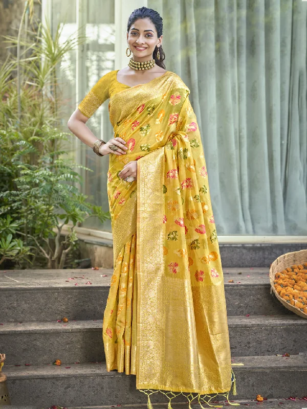 Women Yellow Organza Saree With Un Stitched Blouse - Aanika Casual Stripe Blouse