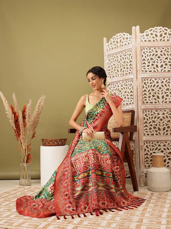 Green Silk Blend Digital Print Ikkat Saree with Unstitched Blouse - Hiral Fashion Short Sleeve Blouse Green Silk Blend Digital Print Ikkat Saree with Unstitched Blouse - Hiral Fashion Short Sleeve Blouse