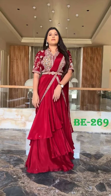 Preksha Creation Indian Stylist Exclusive Fancy Party Wear Fiyona Silk Lehenga Saree With Heavy Work Blouse And Belt - Red Chic Square Blouse